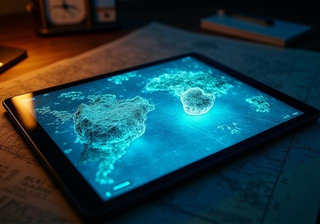 Vintage map alongside high-tech tablet showing data visualizations