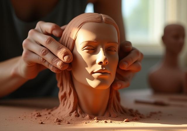 Close up of hands sculpting clay in a professional studio setting