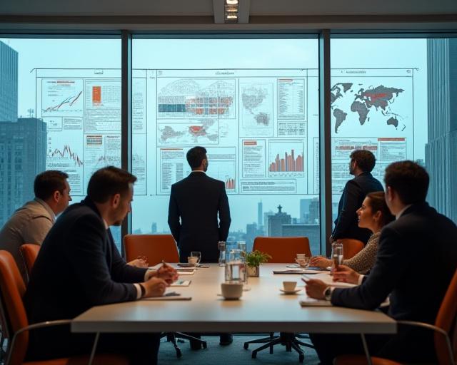 Business architect reviewing complex data analysis and market charts