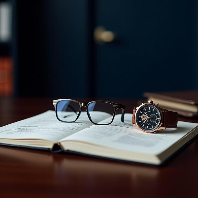 A sophisticated workplace with a focus on an open leather-bound journal and a high-end mechanical watch on a dark oak desk