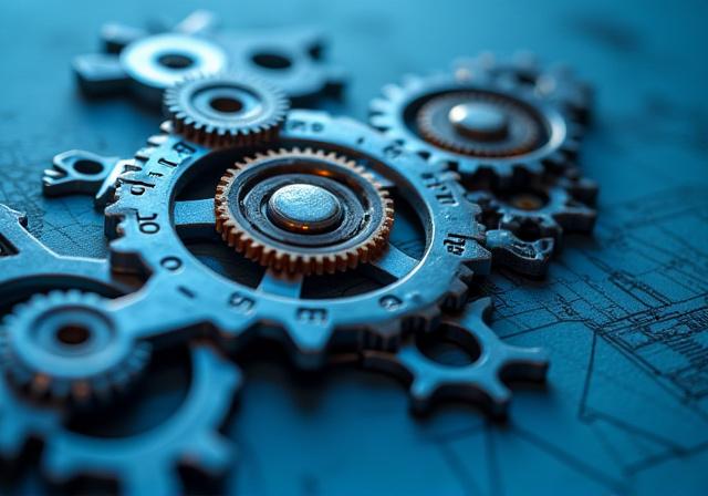 Close-up of high-quality industrial gears and architectural blueprints representing precision