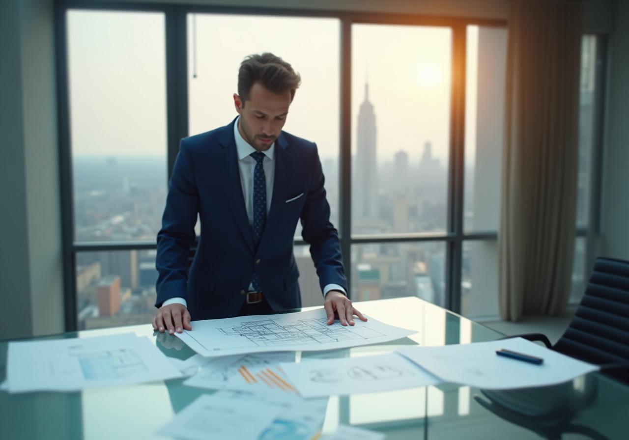 Sophisticated business architect reviewing a strategic blueprint in a sunlit modern office
