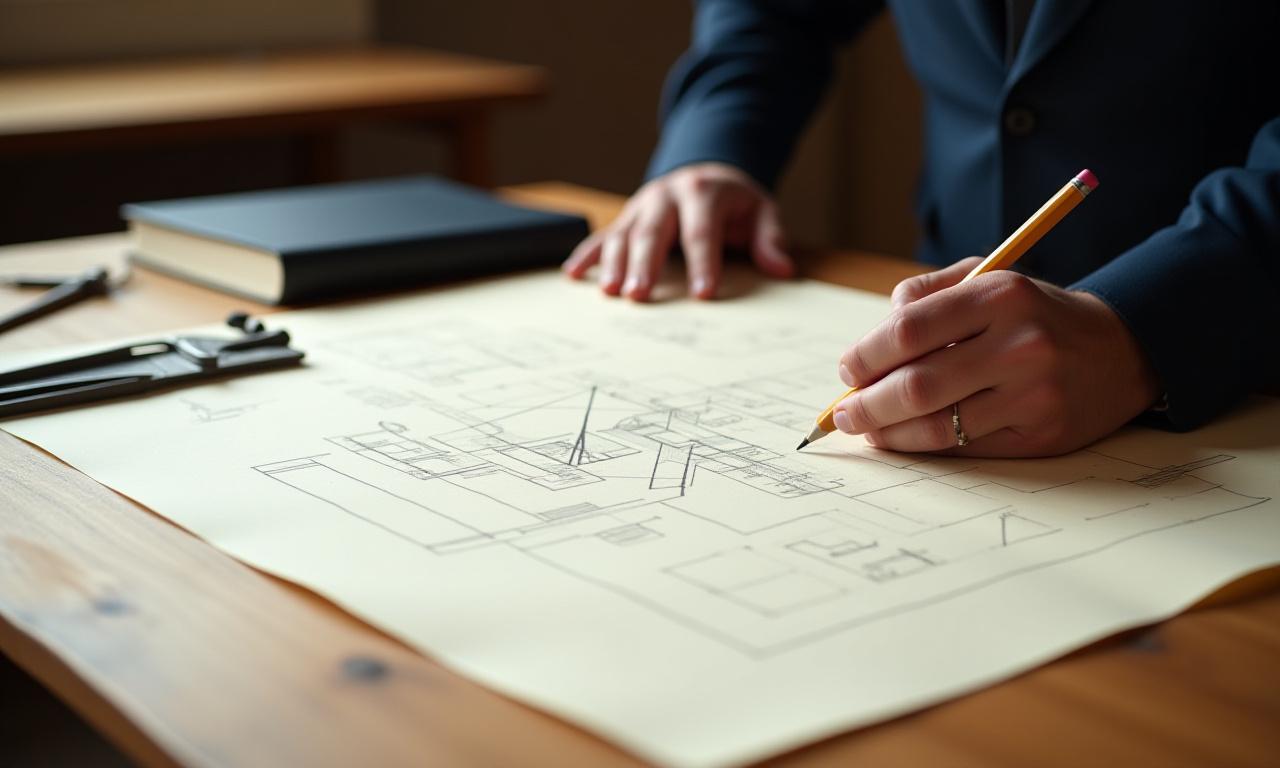 Close up of a craftsman's hands sketching architectural plans on high-quality paper surrounded by drawing tools